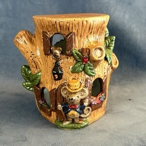 Vintage Mouse Tree Stump House Candleholder Hand-Painted Ceramic Cottagecore